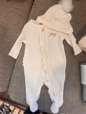 Juicy Couture Cream Ruffle Footed One-Piece with Pom Hat